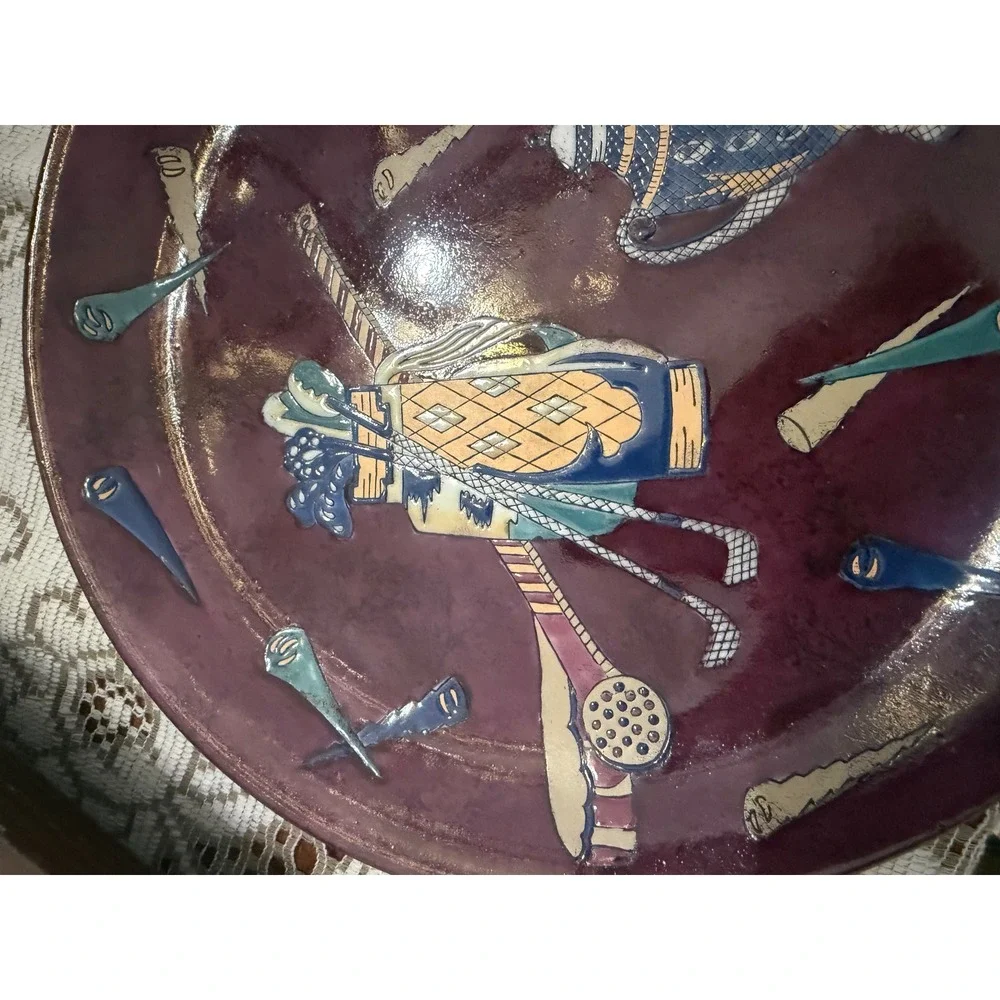 Oriental Accent Golf Theme Decorative Plate‎ Burgundy Porcelain Golf Bag Teapot